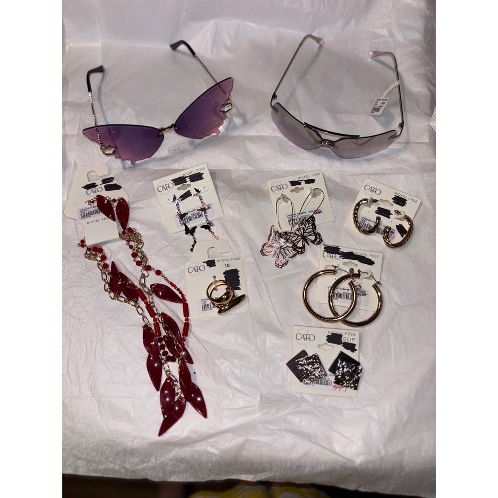 Cato Sunglasses Purple Butterfly Earrings Gold Hoops Necklace Jewelry Set